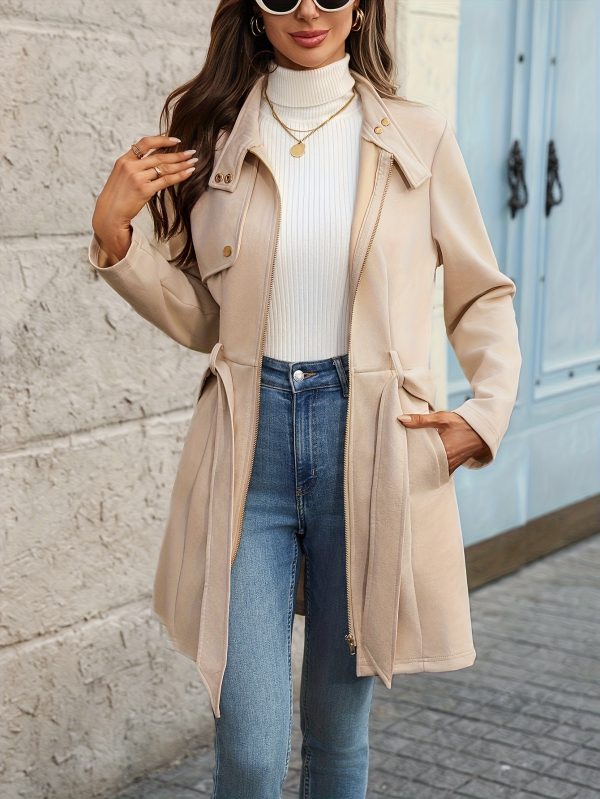 women's elegant beige jacket round neck, zipper, bow detail, long sleeve, mid length, solid color, casual style for fallu002fwinter, casual outerwear | elegant casualwear | zipper closure