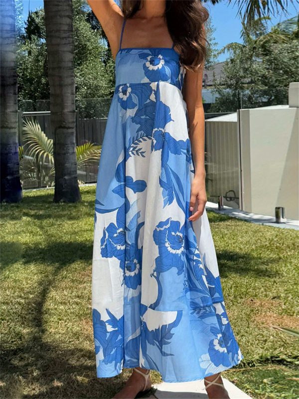 women's summer floral print spaghetti suspender dress lightweight sleeveless a line long dress with blue & white pattern, casual beachwear, machine washable