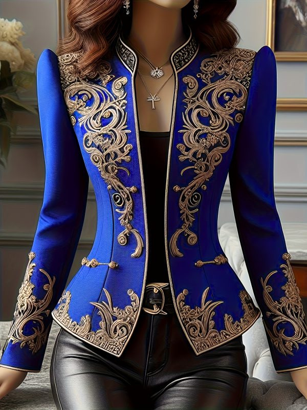 vintage floral stand collar long sleeve jacket blue & golden floral print, machine washable non stretch fabric, a line silhouette for springu002ffall casual & formal outfits
