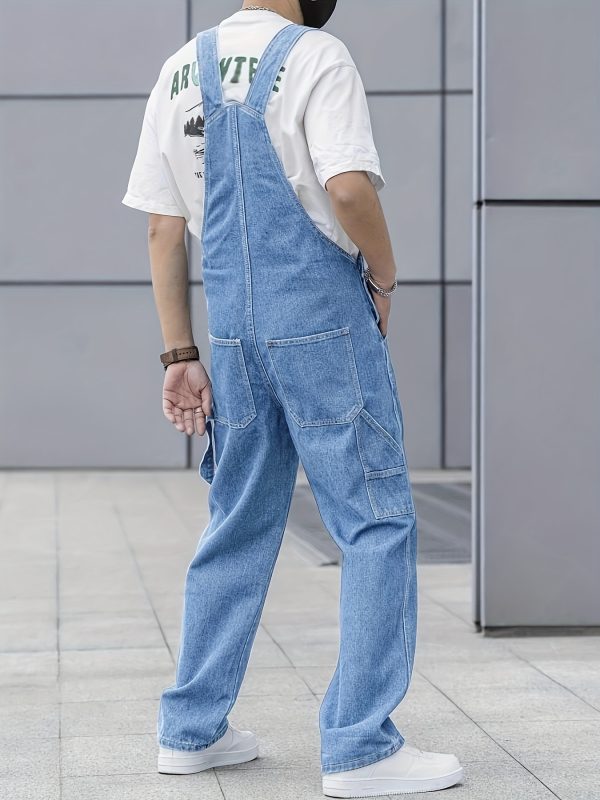 men's casual light blue denim overalls loose fit, adjustable straps, pockets, machine washable, all season comfort, relaxed outfit | classic overalls | washed texture