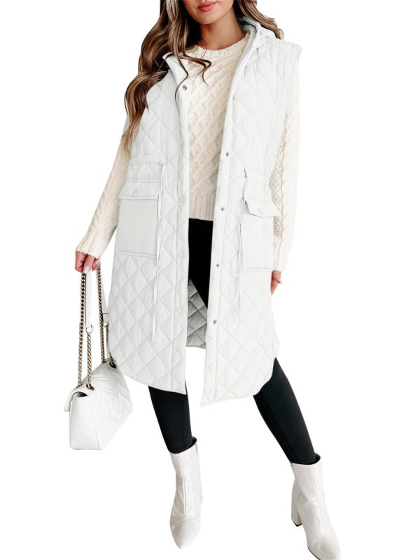 women's quilted hooded puffer vest warm sleeveless winter jacket with pockets, polyester, machine washable, coats, long