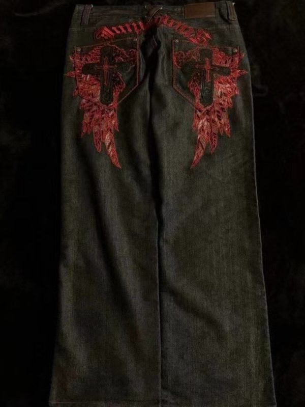 men's american retro embroidered streetwear hip hop wide leg high waist jeans loose fit, black with red cross & star design, casual fashion, all season comfort, streetwear fashion, bold fashion statement, durable fashion