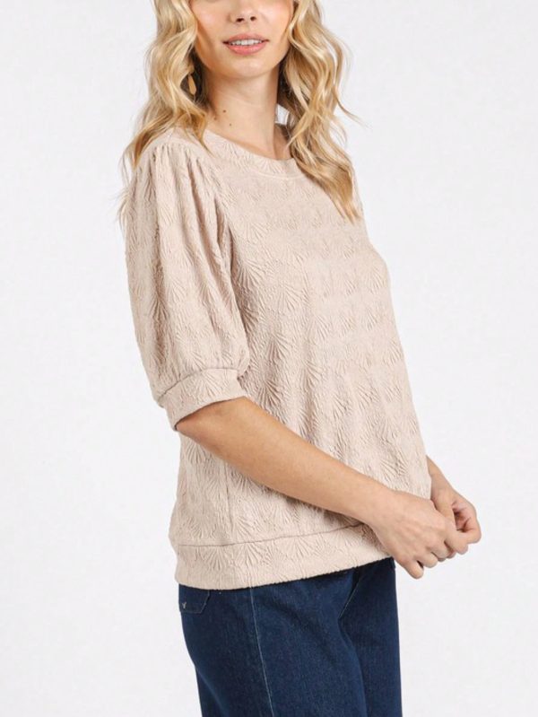 womens casual textured chic elegant embossed fan pattern balloon sleeve blouse beige three quarter length sleeve round neck structured top perfect for office daily wear spring summer