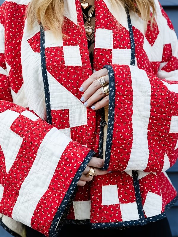 women's stylish red & white floral print quilted jacket loose fit long sleeve coat with puffy shoulders, black trim, and black beanie hat, perfect for fall fashion, autumn outerwear | puffy shoulder design | quilted texture