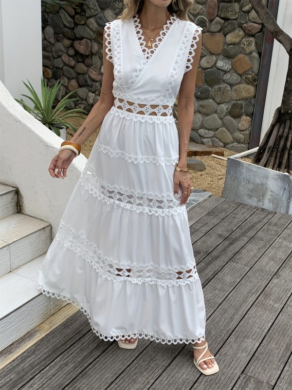 women's elegant v neck ruffle dress solid color, sleeveless a line midi dress with lace detailing, perfect for vacation and casual attire, casual attire|vneck dress|lace detailing