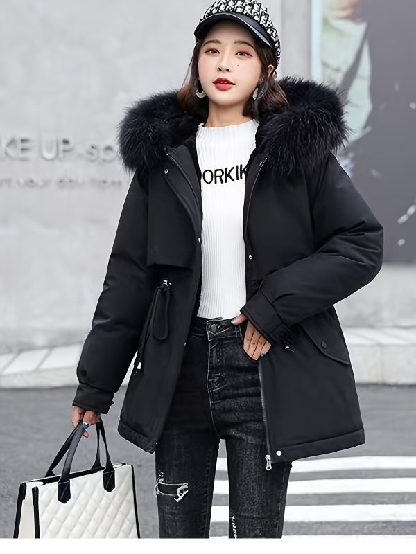 23208 women's casual faux fur lined coat with plush faux fur hood & cuffs machine washable all season outerwear, solid color design for casual attire