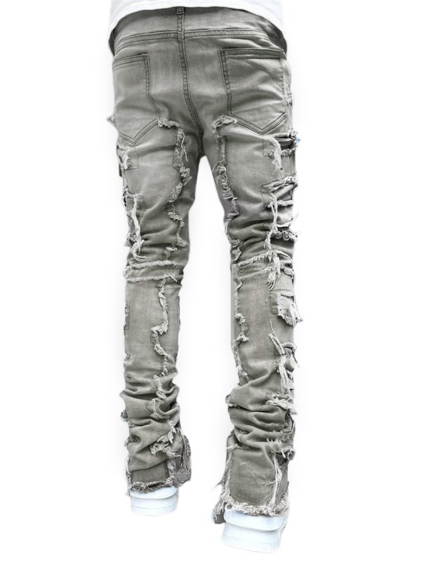 men's slim fit vintage patched distressed denim trousers for casual wear in spring and fall, featuring pockets.