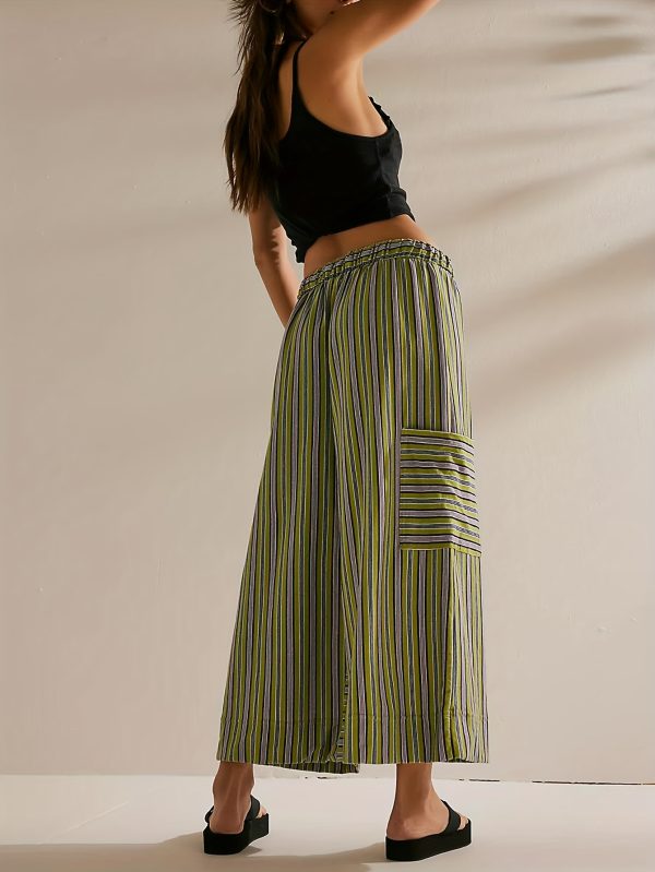 women's lightweight loose wide leg palazzo pants casual elastic drawstring waist with dropped pockets, green & white striped 100% polyester trousers for springu002fsummer outings, spring attire, fashionforward look, comfortable fit