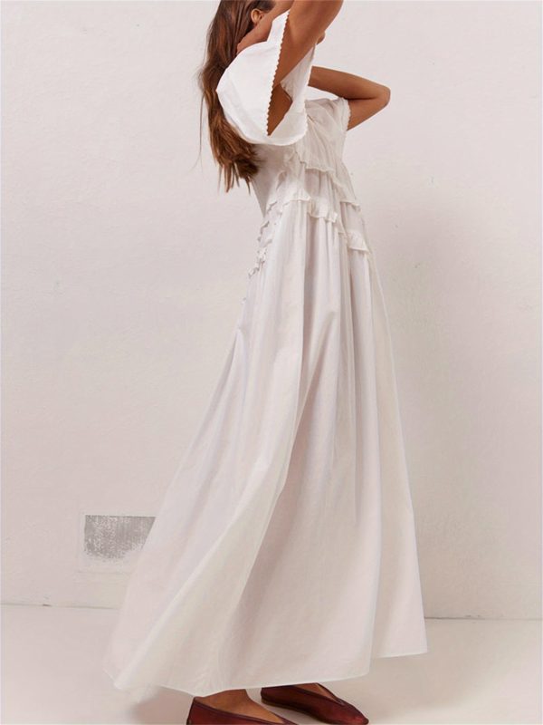 women long dress, elegant short sleeve low cut backless solidu002fplaid loose swing dress