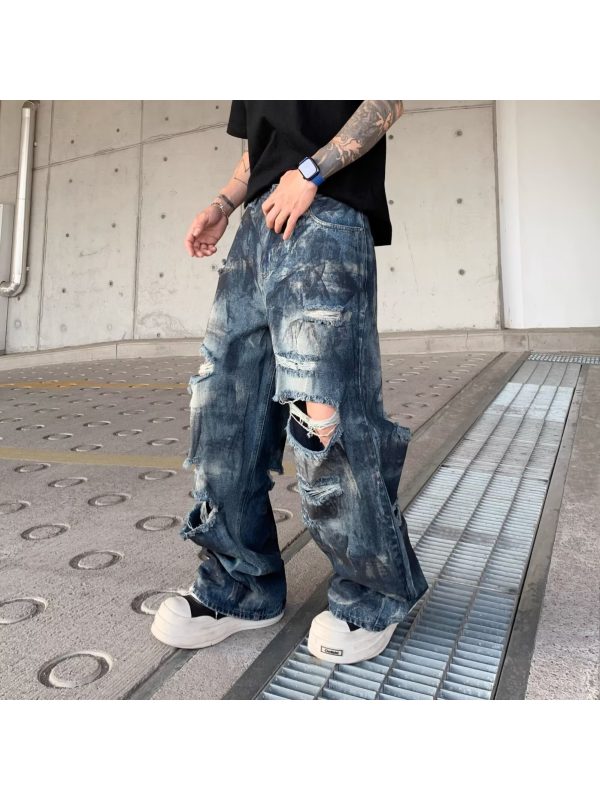 high street inkjet ripped jeans for men and women summer 2025 new heavy washed cool street style wide leg pants