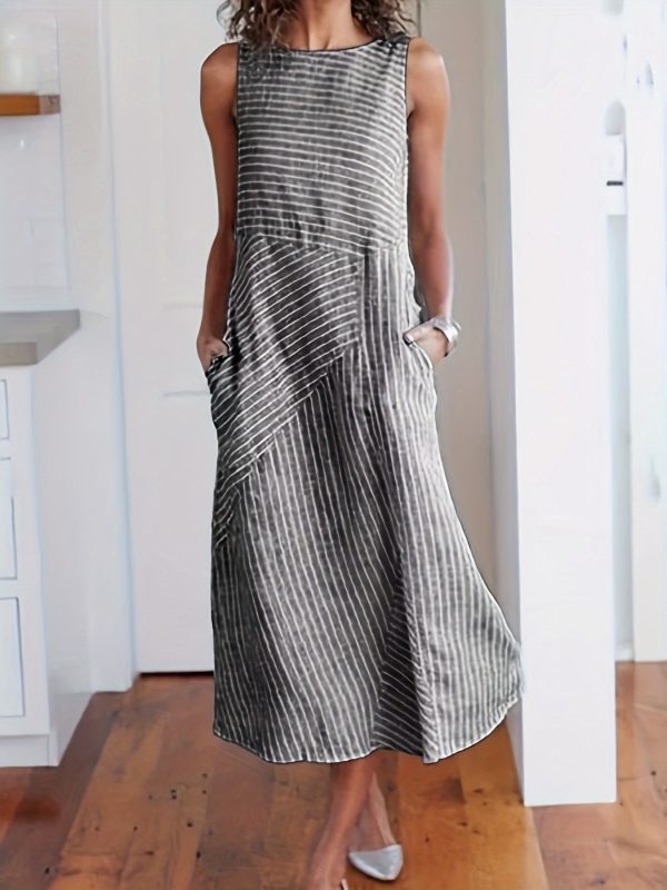 women's striped tank dress sleeveless round neck midi with pockets, casual summer wear, machine washable