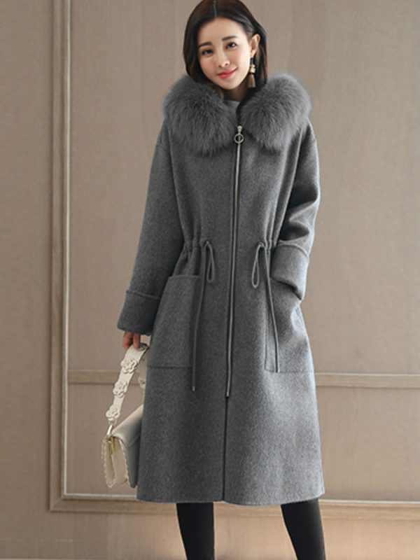 women's autumn and winter slim fit fashion padded wool collar zipper coat