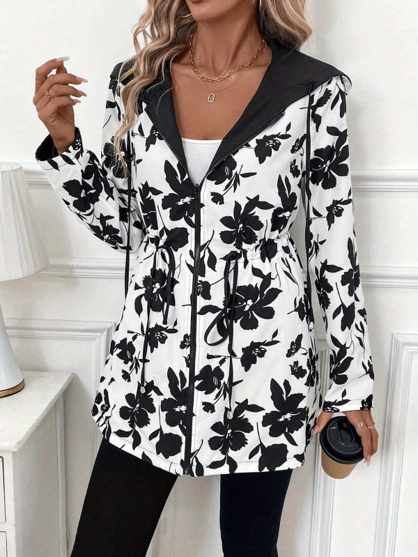 women's reversible hooded jacket high quality windproof long coat with front zipper closure, drawstring waist elegant loose fit outerwear for women (blacku002fwhite two tone) machine washable non stretch jacket