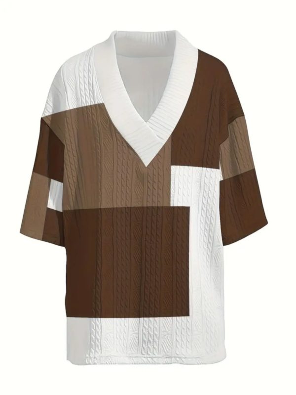 men's brown and white patch knit pullover | textured knit fabric+loose design | perfect for beach vacations, casual gatherings, and sunset walks stay fashionable and comfortable all day long