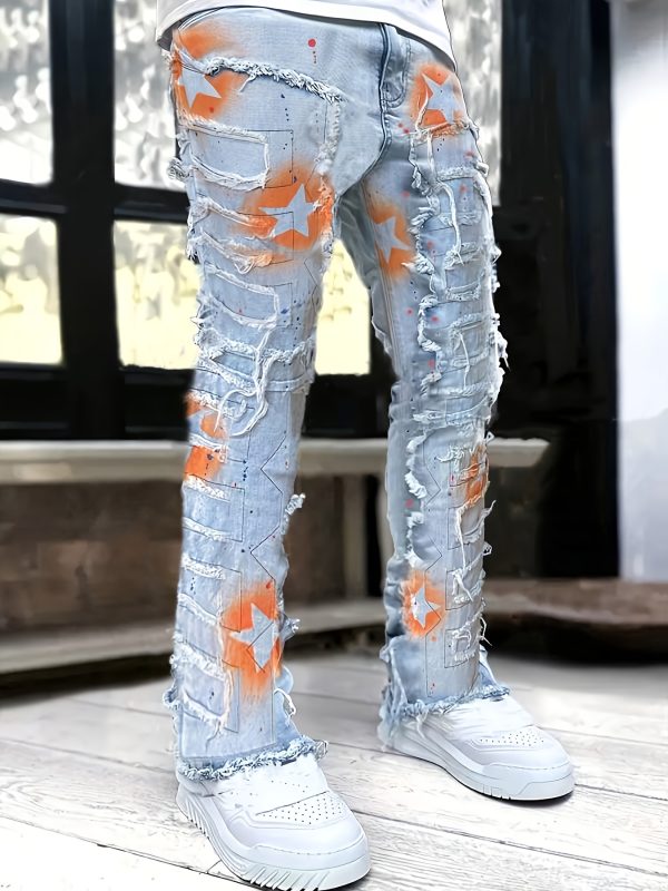 men's fashion creative fringe painted street style jeans