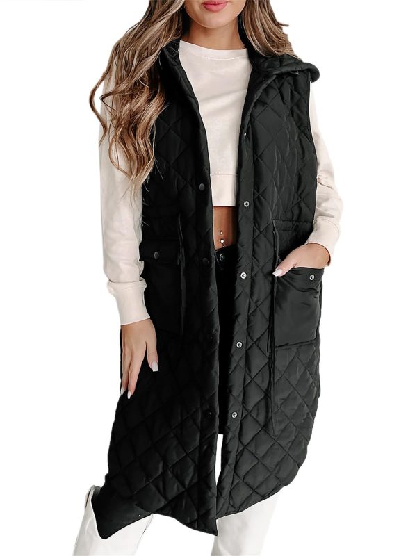 women's quilted hooded puffer vest warm sleeveless winter jacket with pockets, polyester, machine washable, coats, long
