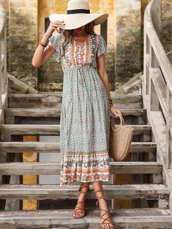 women's casual chic sleeveless v neck floral dress elastic waistband & ruffle details, lightweight 100% polyester, machine washable, spring summer fall outfits