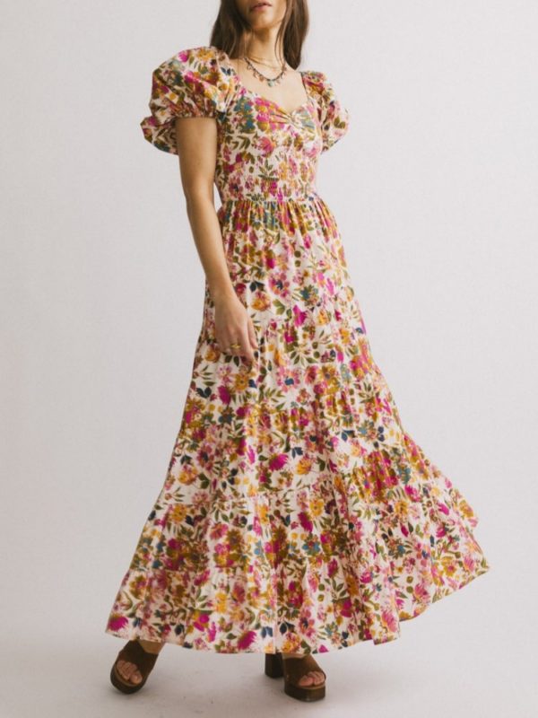 summer puff sleeve waist pleated elegant slim dress perfect for everyday vacation seaside parties