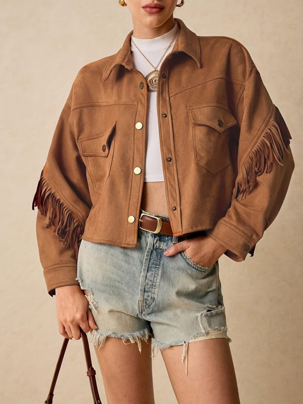 women's western lapel collar jacket with fringe hem & tassel details drop shoulder button front closure, all season casual coat, machine washable solid color long sleeve crop coat for women