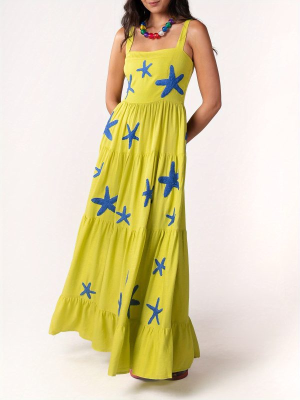 sleeveless square neck embroidered tiered midi slip dress for women