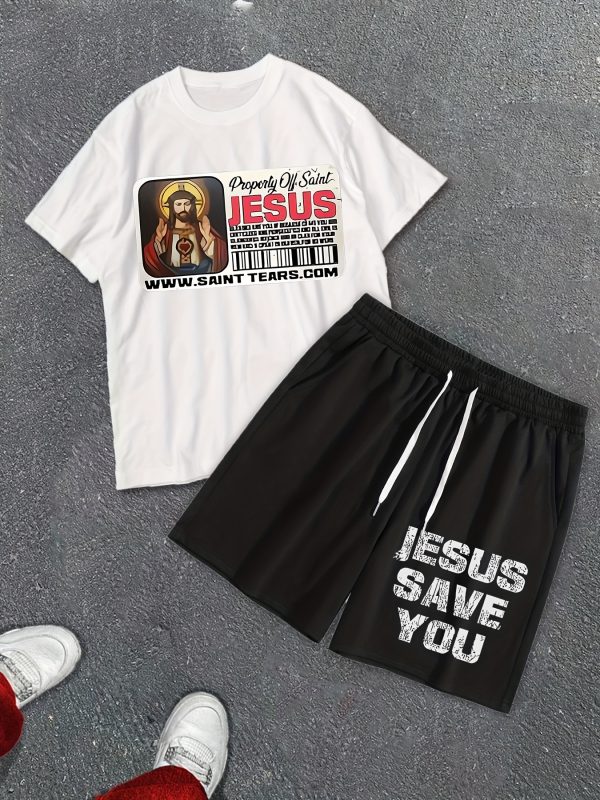 summer shorts short sleeve suit, jesus postcard printed street style two piece costume, men's t shirt and drawstring shorts suit with pocket, quick drying sports suit, comfortable and breathable, street costume y2k.