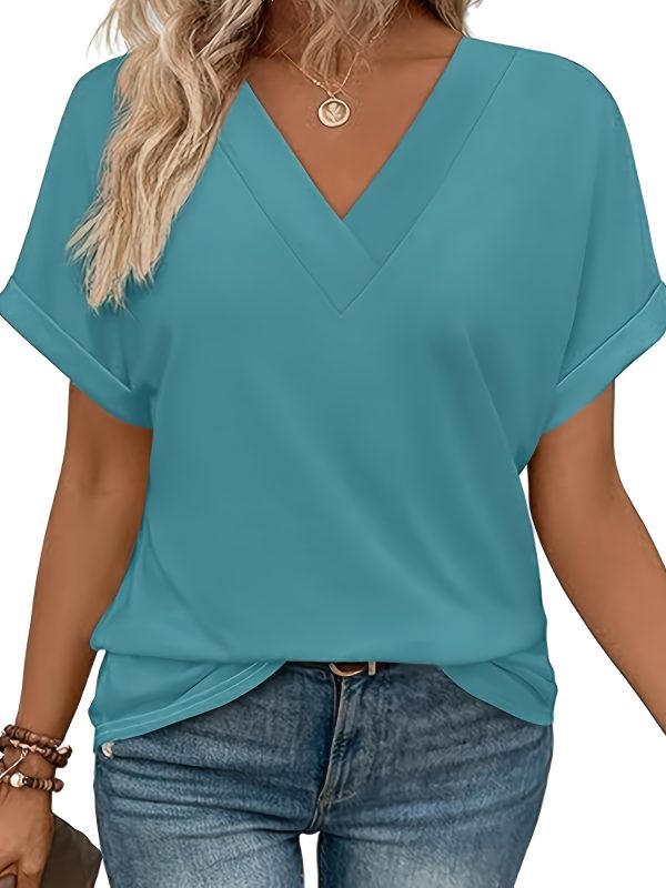women's tops short bat sleeve shirt fashionable v neck clothing, casual and versatile