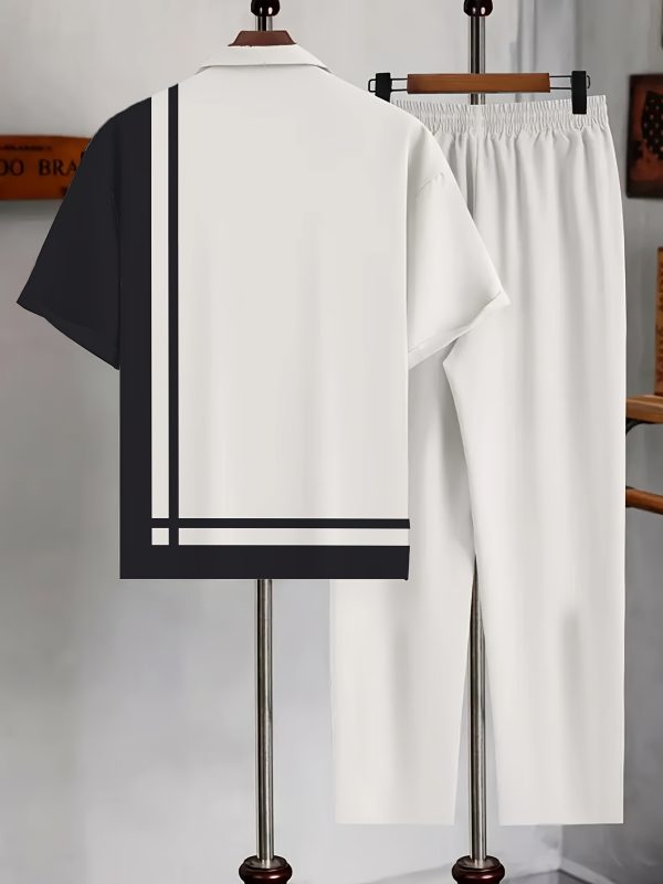 new products in 2025, a two piece set of simple men's short sleeved shirts and long pants for summer. it comes in a black and white color scheme, with a casual and stylish style, suitable for occasions such as daily outings and casual gatherings.