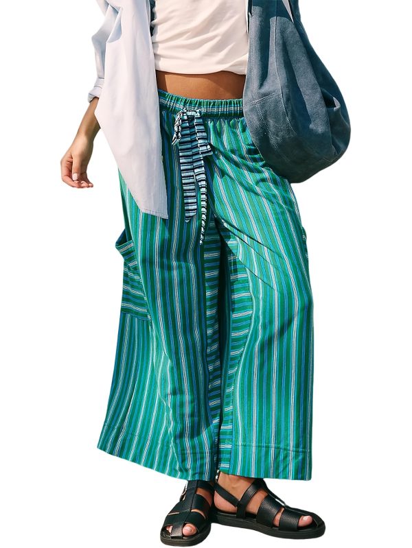 women's lightweight loose wide leg palazzo pants casual elastic drawstring waist with dropped pockets, green & white striped 100% polyester trousers for springu002fsummer outings, spring attire, fashionforward look, comfortable fit