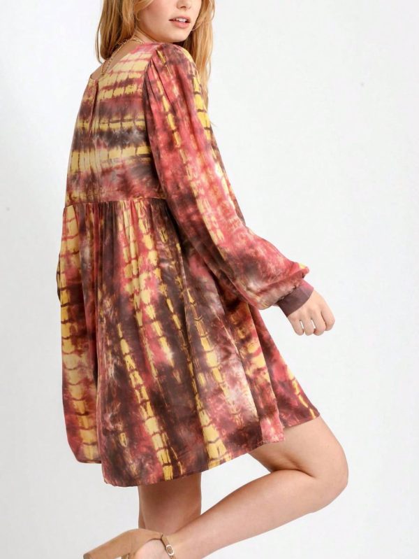 womens casual boho chic tie dye pattern empire waist babydoll mini dress yellow brown pink long balloon sleeve round neck loose flowy fall spring daily wear