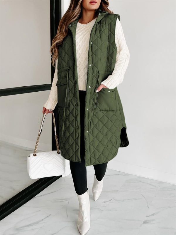 women's quilted hooded puffer vest warm sleeveless winter jacket with pockets, polyester, machine washable, coats, long