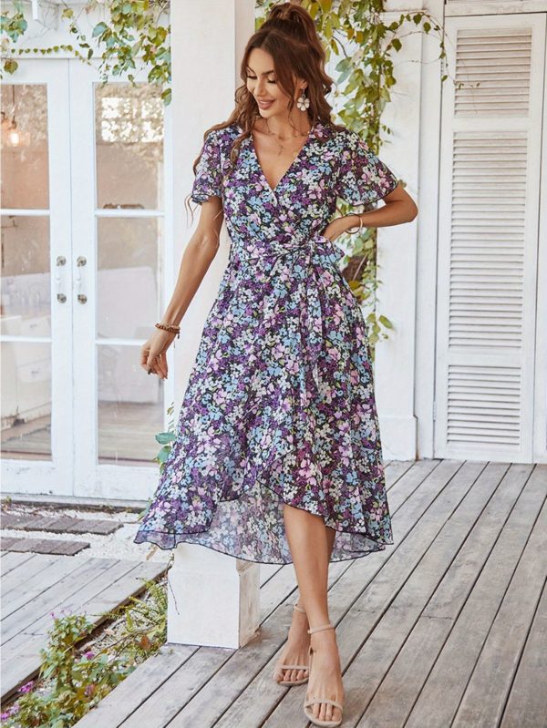 women's boho floral print midi dress v neck lace up short sleeve with ruffle hem, lightweight summer beach party dress for casual outings & garden events, beach dresses, garden event attire, fitted silhouette