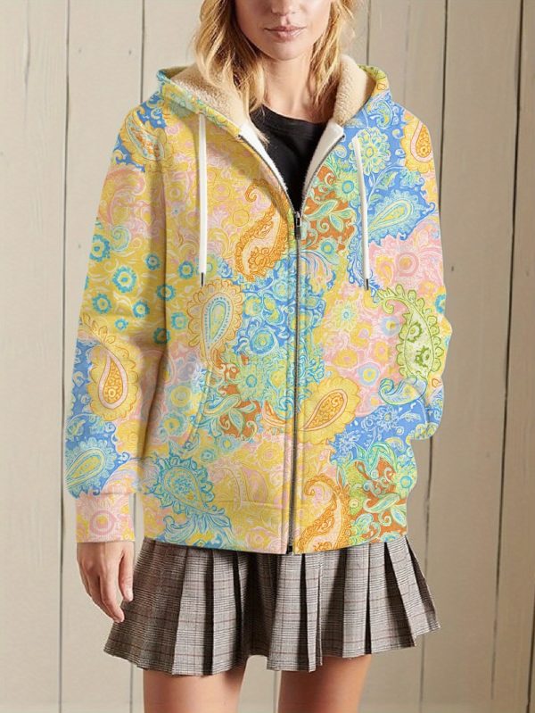 women's full zip hoodie jacket pastel paisley pattern in blue, green, orange, yellow all season outerwear coat machine washable zip up hooded sweatshirt for everyday & formal events, lined comfort