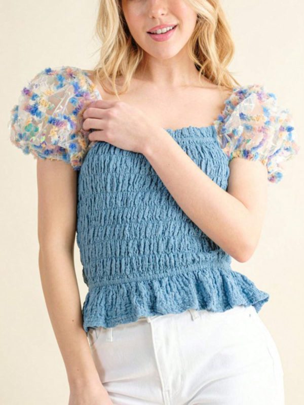 womens casual smocked romantic chic floral mesh puff sleeve ruched peplum top blue sweetheart neckline fitted bodice shirred texture spring summer date night party blouse