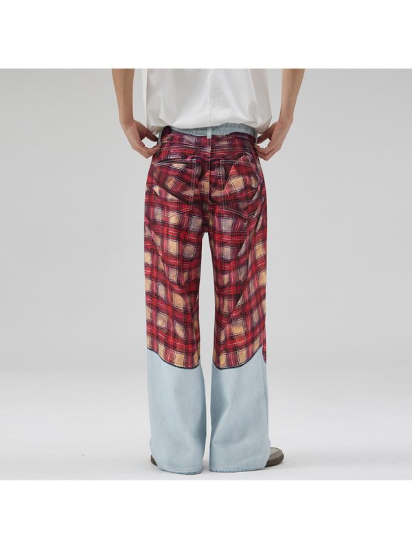 men's casual plaid shirt & straight leg faux denim 3d digital print, light wash, loose fit, a line design, all season comfort, regular length, perfect for casual attire, comfortable clothing | relaxed fit pants | digital print shirt