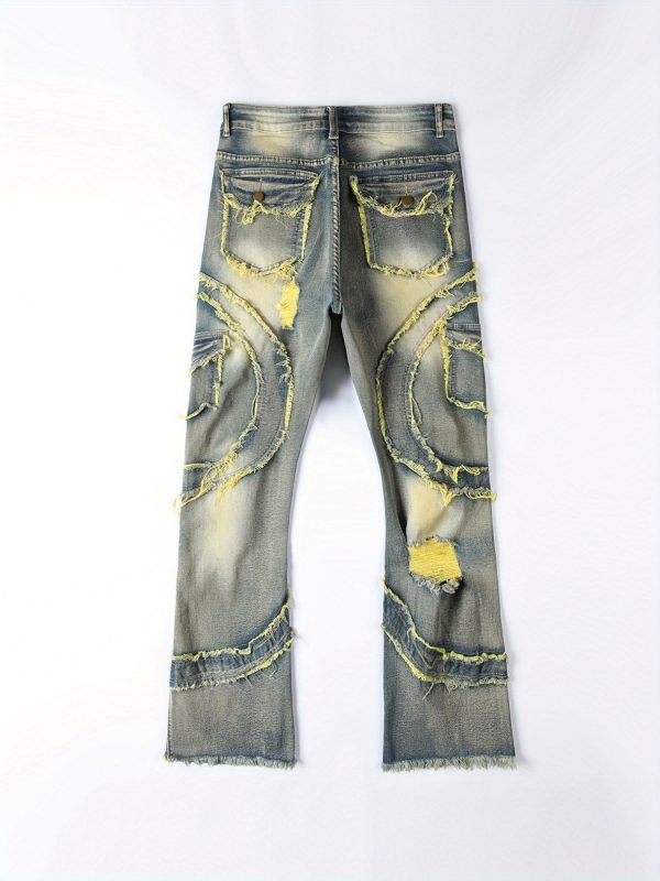 mens black stacked jeans slim fit ripped jeans destroyed straight denim pants harajuku hip hop trouser streetwear 4pcs