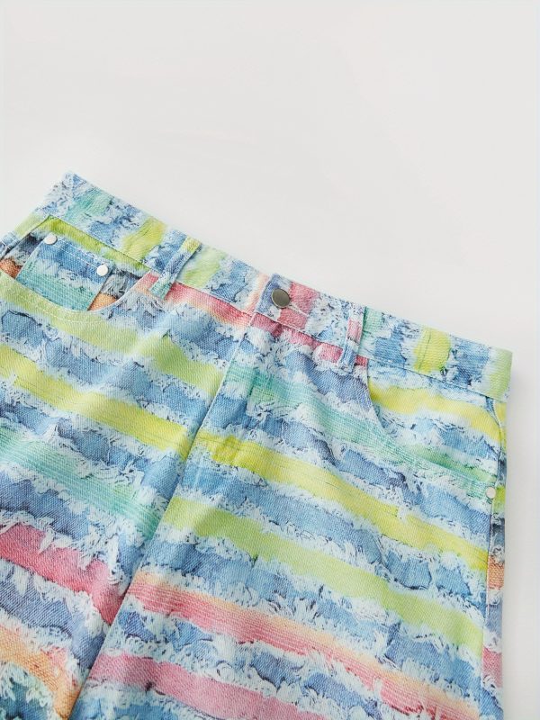 men's colorful striped wide leg denim pants rainbow print mid rise casual jeans with pockets, loose fit button closure, all season comfort for casual attire, comfortable clothing | vibrant striped jeans | nonstretch fabric