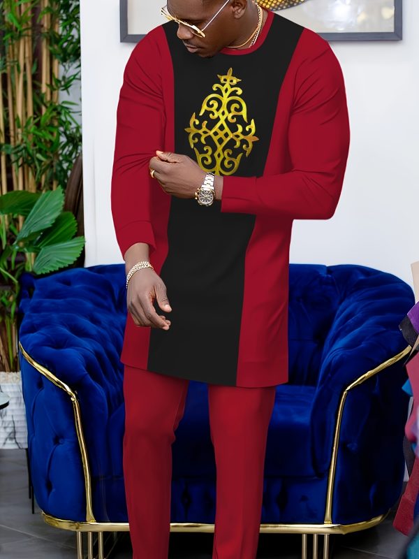 men's casual long sleeved two piece suit mid length top and trousers