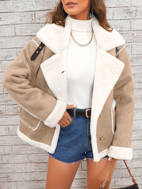 elegant lapel plush jacket winter warm casual coat with soft plush lining, solid color design, front pockets & machine washable for women
