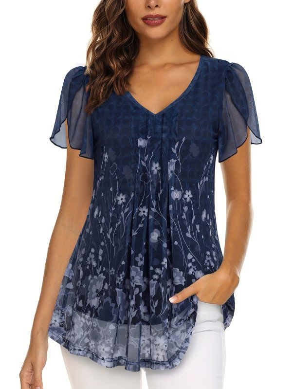 women's elegant floral print v neck blouse short sleeve, semi sheer mesh fabric, perfect for springu002fsummeru002ffall, machine washable, floral print blouse
