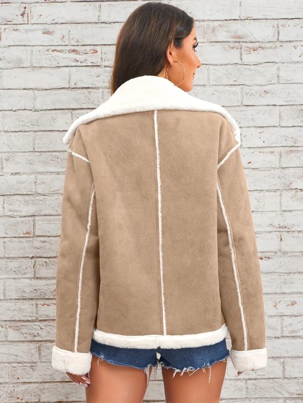 elegant lapel plush jacket winter warm casual coat with soft plush lining, solid color design, front pockets & machine washable for women