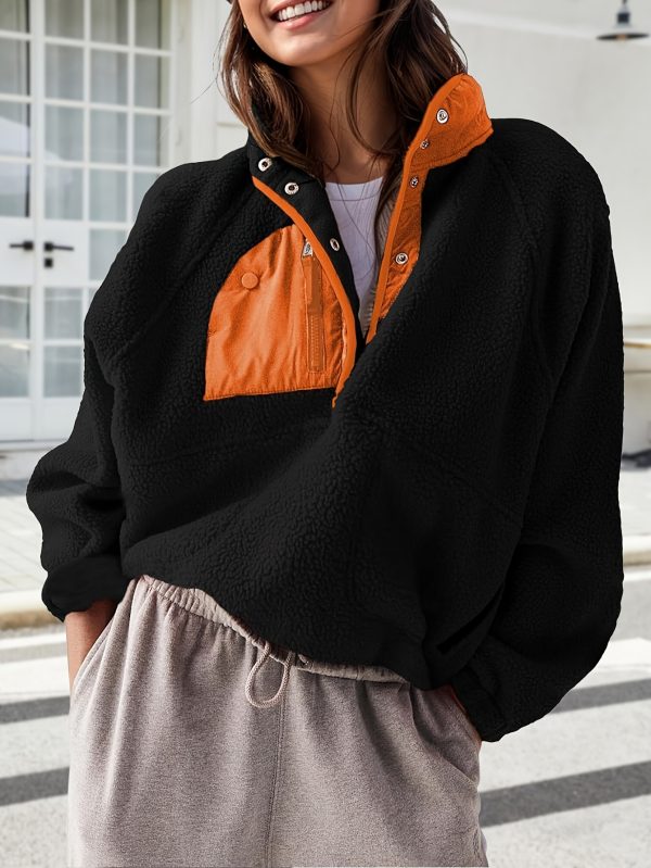 women's lightweight fuzzy fleece pullover jacket fallu002fwinter color block design, casual stand collar, raglan long sleeves, two side zipper pockets, loose fit, machine washable