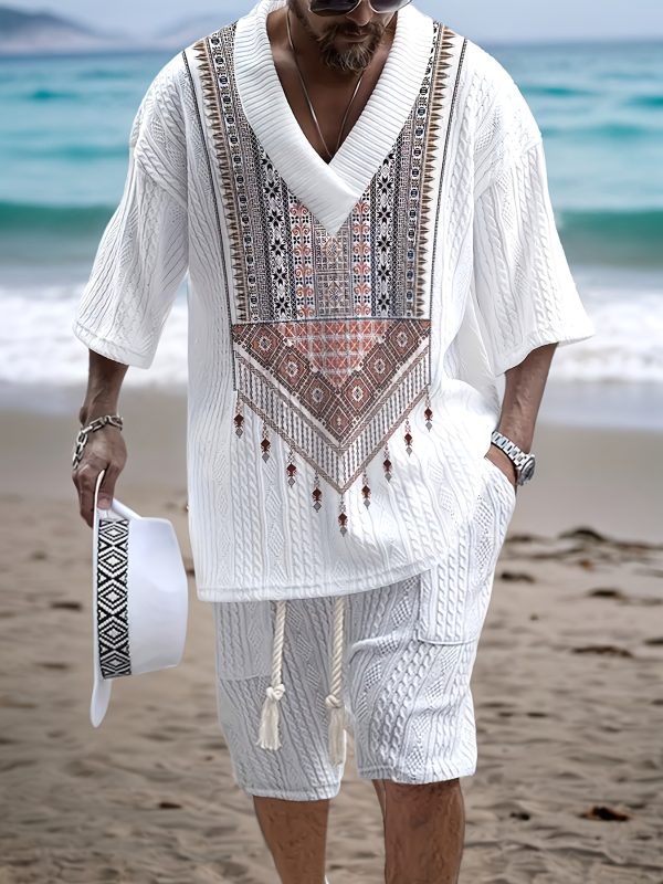 men's fashion casual v neck jacquard set fashionable ethnic elements create a casual fashion look and interpret the style of leisure and vacation