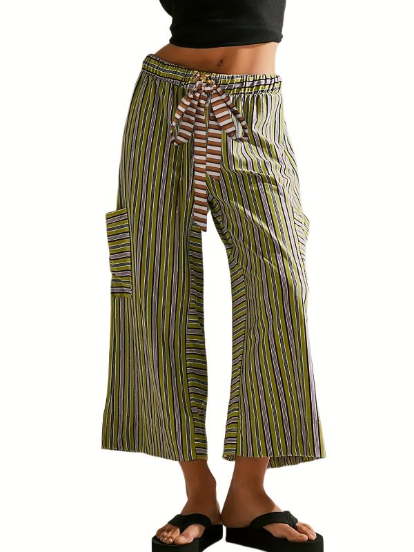 women's lightweight loose wide leg palazzo pants casual elastic drawstring waist with dropped pockets, green & white striped 100% polyester trousers for springu002fsummer outings, spring attire, fashionforward look, comfortable fit