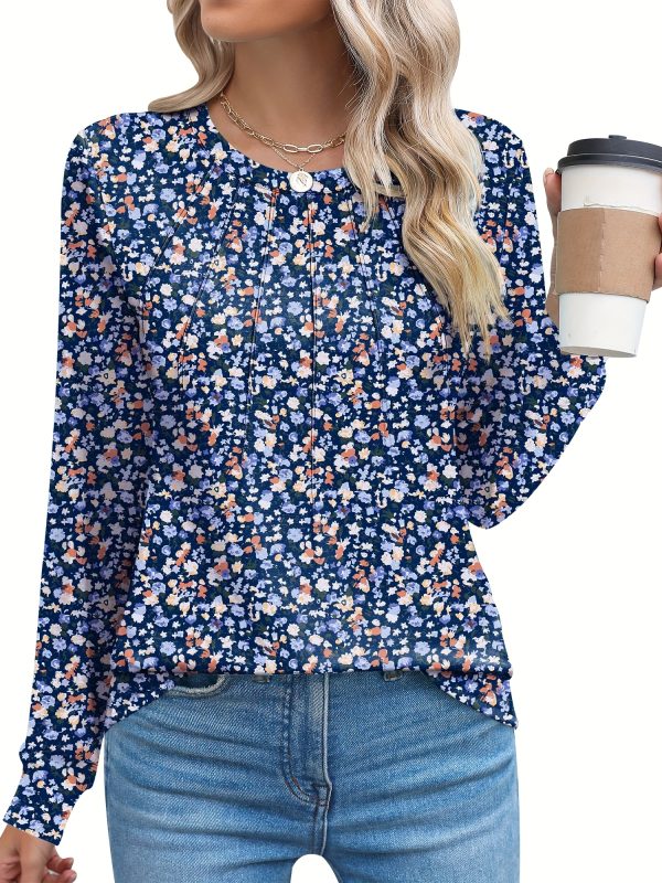 women's casual small floral round neck chest pleated versatile basic long sleeved top