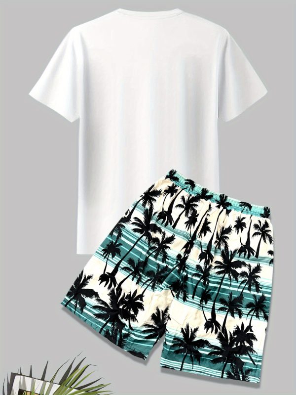 palm trees print men's two piece set trendy casual round neck short sleeve cotton t shirt and drawstring shorts sports suit men's print clothing outdoor sports fashion short sleeve t shirt and shorts set