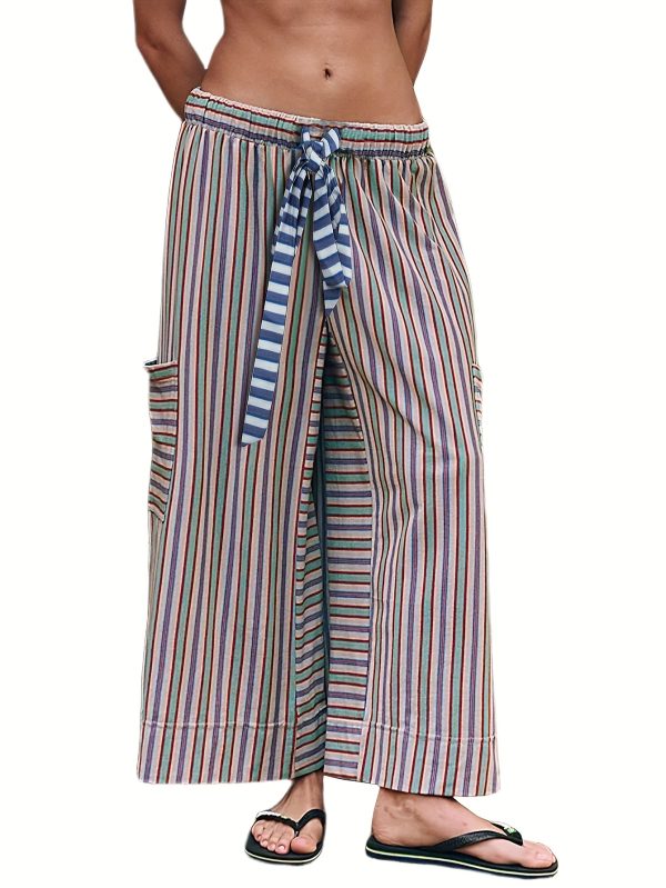 women's lightweight loose wide leg palazzo pants casual elastic drawstring waist with dropped pockets, green & white striped 100% polyester trousers for springu002fsummer outings, spring attire, fashionforward look, comfortable fit