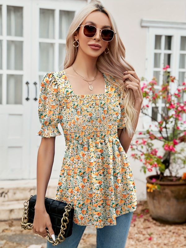 women's tunics square neck puff short sleeve smocked top ladies peplum blouse tee shirts 2024 spring summer s xl
