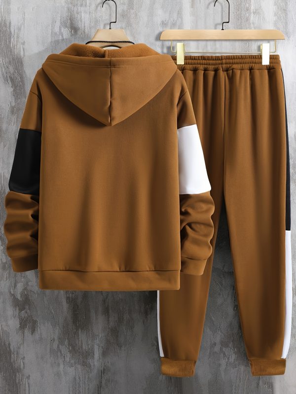 men's clothing, two piece contrasting long sleeved zipper hooded jacket and drawstring pants, suitable for outdoor wear