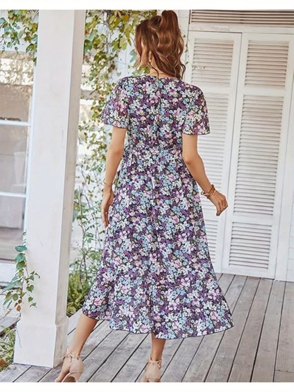 women's boho floral print midi dress v neck lace up short sleeve with ruffle hem, lightweight summer beach party dress for casual outings & garden events, beach dresses, garden event attire, fitted silhouette