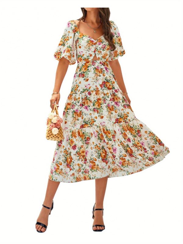 women's elegant bohemian floral like digital print a line flared mid high waistdress flared hem, for beach, party, everyday springu002fsummer outfits, party outfit, vneck design, lightweight fabric, versatile clothing, summer wardrobe